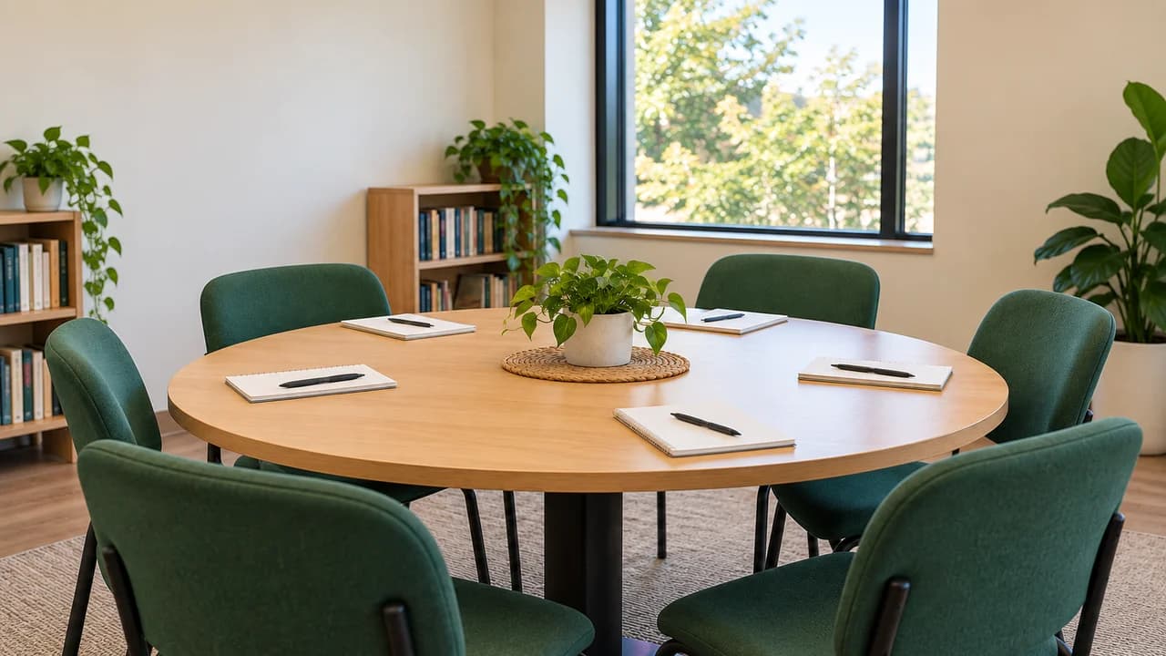 AI-generated editorial illustration: A generic community meeting room with a round table, notebooks, plants and green chairs.