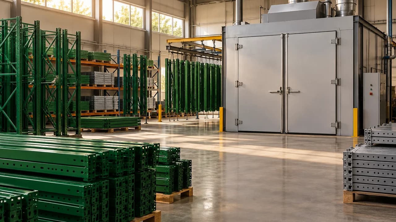 AI-generated editorial illustration: An illustrative factory interior with steel racking and an industrial curing oven.