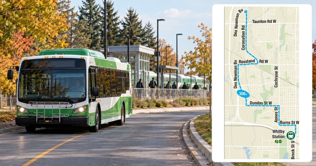 Illustrative transit bus beside the official DRT Route 306 map for Whitby.