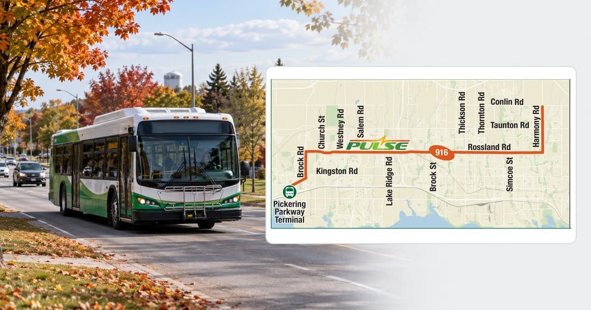 Illustrative transit bus beside the official DRT PULSE 916 map serving Pickering, Ajax, Whitby and Oshawa.