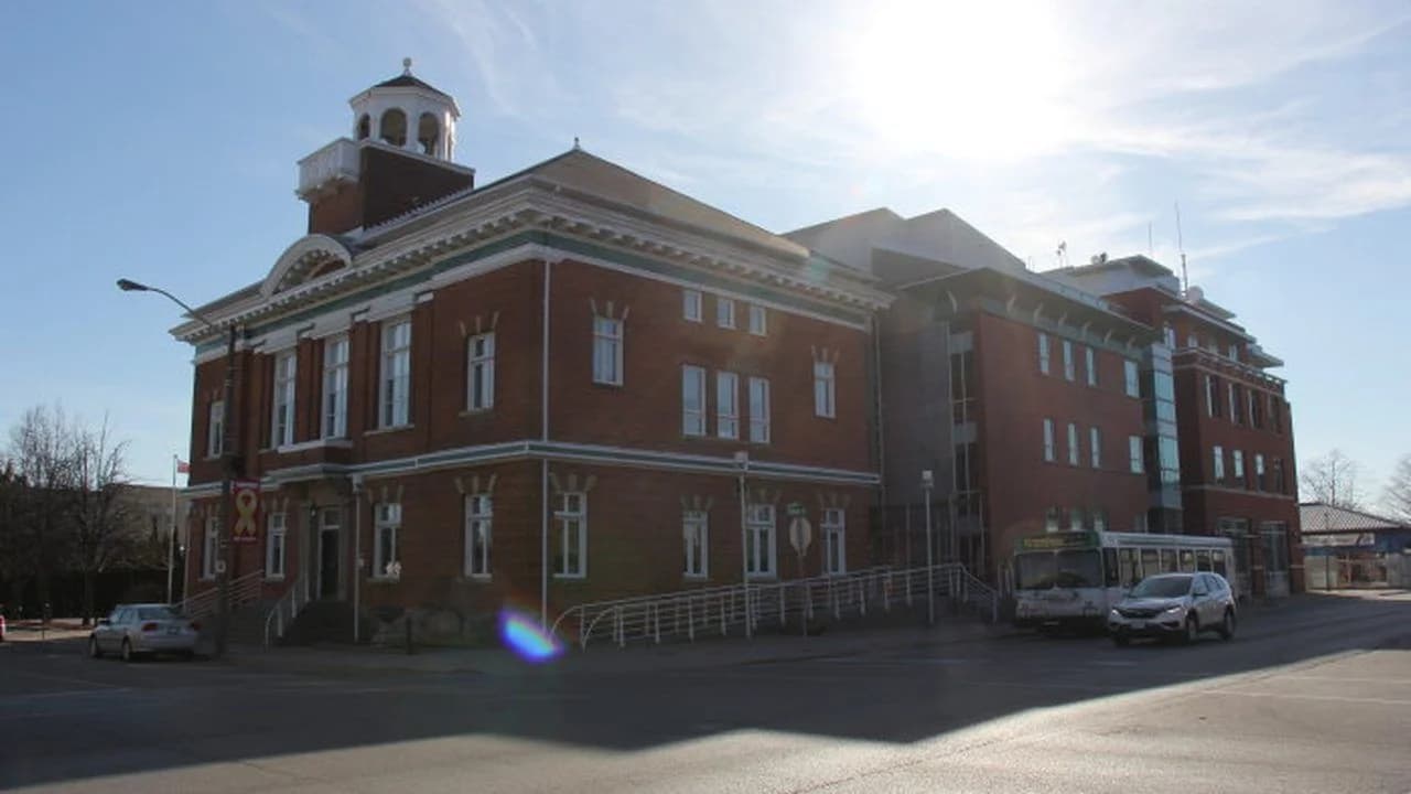 Clarington Town Hall and Clarington Public Library brick building in Bowmanville; no people visible.