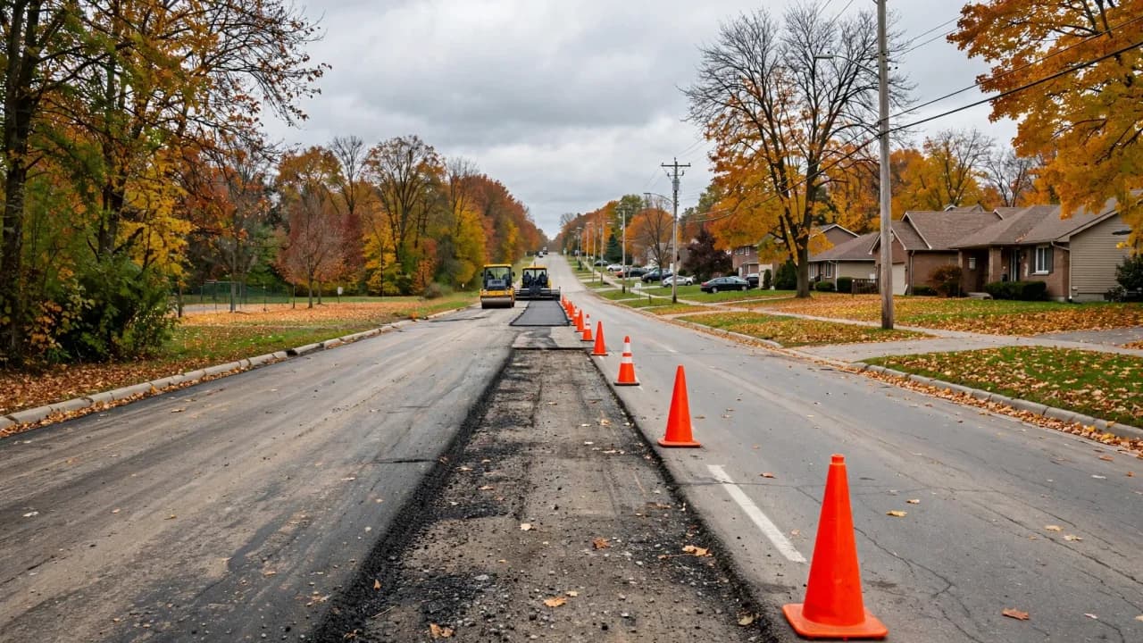 AI-generated illustration of a road with lane restrictions and paving work