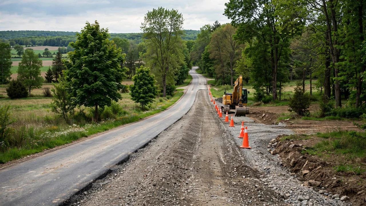 Photorealistic image of a rural road under reconstruction with an excavator and traffic cones