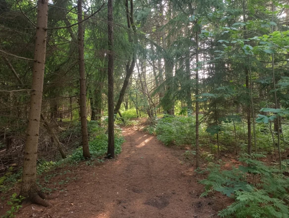 A dirt path winding between trees at Enniskillen Conservation Area.