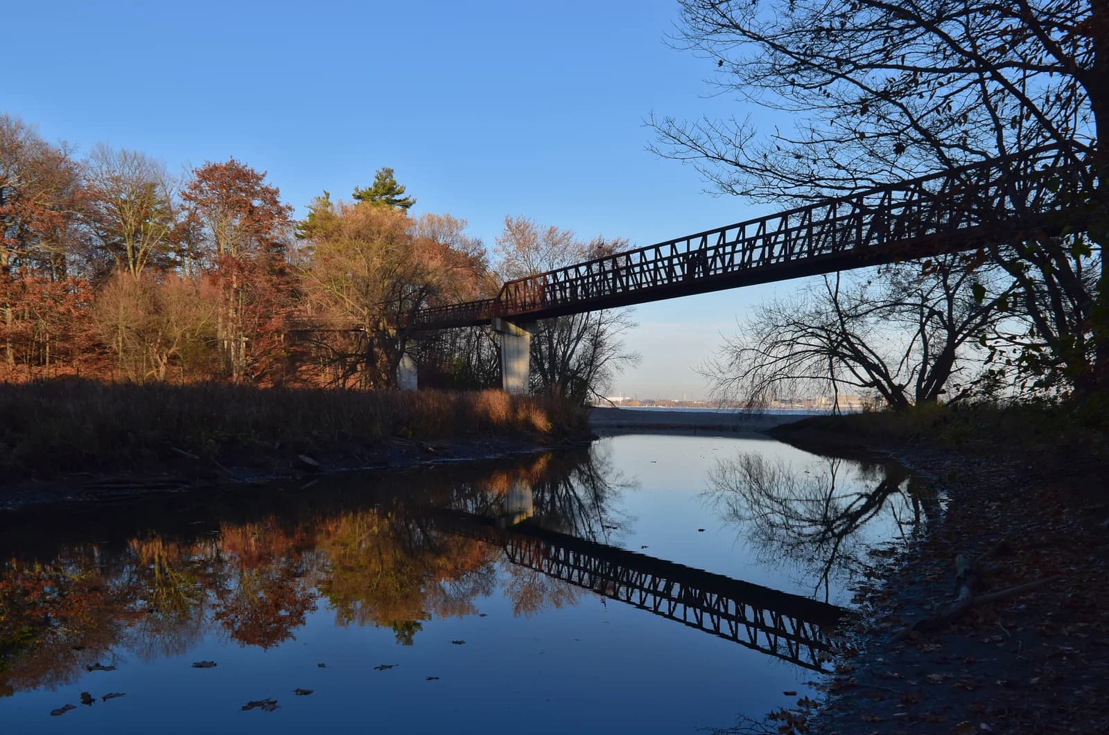 Footbridge reflected in Petticoat Creek, with trees and Lake Ontario beyond.
