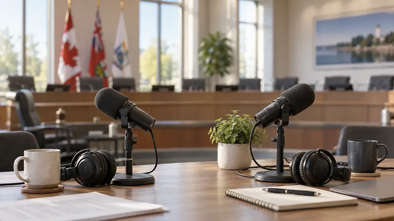 Two podcast microphones and headphones on a table in a generic civic meeting room.