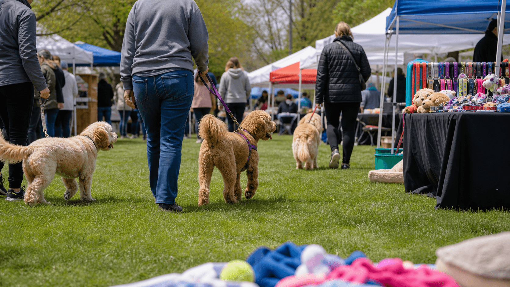 Photorealistic editorial image of dogs and handlers at an outdoor pet festival.